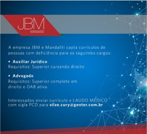 OPORTUNIDADE DE EMPREGO PARA PESSOAS COM DEFICI�NCIA NA �REA DO DIREITO