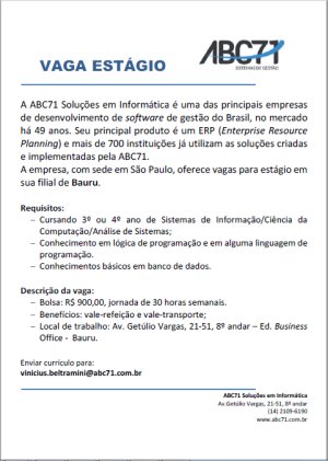 Est�gio nas �reas de Sistemas de Informa��o e An�lise de Sistemas