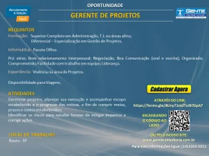 Empresa de Bauru contrata gerente de projetos, com superior completo em ADM, T.I. e reas afins.