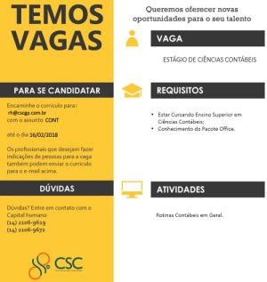 Ci�ncias Cont�beis: h� vaga para est�gio
